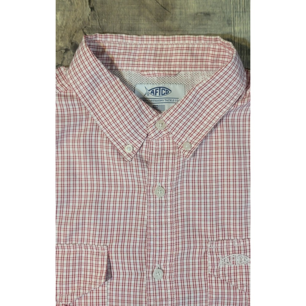 AFTCO Vertex Vented Fishing Shirt Mens Medium Red White Plaid AFTECH Button Down